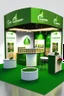 Placeholder: Corner green exhibition stand of a food company with product displays and a meeting area