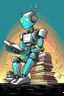 Placeholder: generate a front cover representation of Ai attractive small female humanoid bot sitting on a pile of books in a comic book style