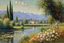 Placeholder: Sunny day, mountains, river, distant house, flowers, trees, claude monet and friedrich eckenfelder impressionism paintings