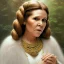 Placeholder: hyperspace background, complete and photo realistic detailed head to waist stunning photo realistic portrait of carrie fisher as Princess Leia in star wars with photo realistic updo hair by Mandy Jurgens and mucha and Richard Schmid and chuck close and chie yoshii, extraordinary and detailed ceremony dress of star wars,brown eyes