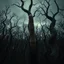 Placeholder: A dense, shadow-filled forest at twilight beneath a gloomy, overcast grey sky, the trees twisted and unnaturally shaped. Their bark slowly cracks open to reveal countless human fingers peering out, blinking silently. Camera zooms in closely on a single, large finger embedded deeply into the trunk, fixating intensely on the viewer as thin veins pulse and dark fluid begins seeping gently down the bark.