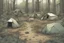 Placeholder: campsite, tents, overgrown, post-apocalyptic, comic book, forest