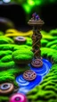 Placeholder: macro of a oniric board game with a small spiral staircase that ends in a wild waterfall, fujifilm, behind a huge orc hand opens like a storm, odd atmosphere, brighten dawn, high detail level