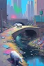 Placeholder: painting of a cyberpunk colourful natural walkway rubbish on the street in the city with pollution and a small bridge by a creek with electric sheep and androids by monet