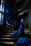 Placeholder: The Countess is a ghost, she has a long, flowing dark blue dress. she goes down the stairs. Hanging in the castle room, there is a tapestry composed of the preserved faces of the Countess' ancient victims.