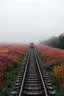 Placeholder: a train tracks in the middle of colorful wild flours , a train shows in distances coming forward , foggy, cloudy gray sky