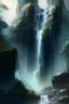 Placeholder: landscape of tall waterfall with a misty pool at the bottom and mossy rocks, high-fantasy, digital art