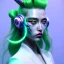 Placeholder: Cyber teenager, color makeup, green hair, rounded face, geisha style hair, white skin, pattern dress, velvet, vibrant color, cyberpunk style, highly detailed, art stations, concept art, smooth, unreal engine 5, god rays, ray tracing, RTX, lumen lighting, ultra detail, volumetric lighting, 3d, finely drawn, high definition, high resolution, gradient background