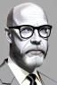 Placeholder: black and white,real estate agent,bald white male with grey beard,55 years old,metal frame glasses,, necktie,portly,detailed drawing,white background