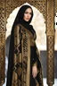 Placeholder: Megan Fox wearing hijab islamic culture dress black Moroccan caftan 4k golden patterns high qualité