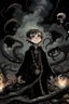 Placeholder: 7 year old boy, necromancer, friendly, with tentacle coming out of his stomach, surrounded by weird smoke with eyes, wearing black robes, in the style of Harry Clarke