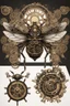 Placeholder: steampunk metal insect with wings, surrounded by cogs and springs, black background