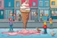 Placeholder: Fallen Ice-cream on the street in comic, caricature style, a dropped ice cream melting on street ground. Over standing a howling, crying little boy with big head. In backround adults with scared faces, people, funny birds. whimschical, detalied, funny comic picture