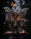 Placeholder: 4K-Bildes einer hybriden Skulptur, eine Mischung aus exotischer Blume und Metall, komplizierte Details, eine halb brennende Kerze in der Mitte, die Skulptur schwebt in einem schwarzen Raum mit Schmetterlingen aus Rauch.