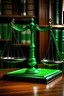 Placeholder: The scales of justice are placed on a desk with a green flag behind it