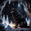 Placeholder: Hyper Realistic big black German-shepherd guarding white crystals with fireflies in a cave at night