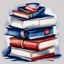 Placeholder: Hand drawn illustration, oil painting, in the style of Easter illustrations, midnight blue and red, stack of books with airbrush tape, white background only