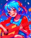 Placeholder: Art style Anime manga, Girl with blue hair playing a red magic guitar, several musical notes behind her, light red eye color, wears casual clothes but involves music, She smiles while playing with one of her eyes closed