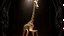 Placeholder: Design a celestial being with a long giraffe-like neck, dog-like pointed ears, ethereal wings reminiscent of a celestial wooden chair, and a tail unfolding into fan-like patterns when in motion. Render the image with an otherworldly aura and a trail of gentle wind.