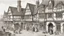 Placeholder: A Paved Courtyard, With Tudor Gothic Houses, Tall twisted Chimneys, twisted Roofs, People, Shops,