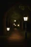 Placeholder: Park at night with lanterns, square bench, and dirt roads, trees, gothic horror films influence, creepy, photography