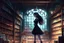 Placeholder: full-height shot of a young witch in a tight black short skirt, inside a large magic shop, shelving, bottles, windows