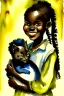 Placeholder: A cute smiling african girl is holding a kitten. Watercolour