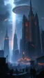 Placeholder: A giant city buldings and towers with big buildings .and a lot of people A mystical scene with ethereal light illuminating a dark landscape filled with shadows and whispers.A gint ufo spaceship in the sky