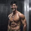 Placeholder: Hyper realistic Extremely Handsome shirtless with short black hair muscular man smiling standing in a black towel in a dark shower room