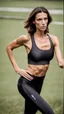 Placeholder: photography of a beautiful anorexic woman, anthracite satin triathlon top, sports illustrated, brunette short wavy bob haircut, pronounced sternum, flat chest, anthracite short leggins