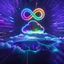 Placeholder: Colourful 3D glowing infinity symbol ∞, hovering above a colourful glowing cloud, network and lights coming from the cloud onto a futuristic map of the globe, inspiring, neon, glowing, friendly, beautiful, octane render, 8k post-production, artstation: award-winning: atmospheric: commanding: fantastical: clarity: 16k: ultra quality: striking: brilliance: liquid medium: stunning colors: amazing depth; lens: f/8, 28mm