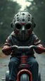 Placeholder: a front view of the Friday 13 face movie , riding a children’s tricycle, his face skin is a rusted broken metallic skin texture in a 3d rendering full-height image of a grim and dark scene. Ensure the final images exhibit the utmost quality, encompassing 4K, 8K, and 64K resolutions, with 3D rendering that manifests in photorealistic, hyperrealistic, and highly detailed representations. Employ techniques such as HDR, UHD,
