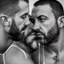 Placeholder: extreme close up photo of two italian prisoners in tank top 40 years old kissing in prison behind bars, chubby, dirty, ugly, bullneck, muscular, short beard, long hairs, manly chest, misery and poverty, emotive eyes, photo 35mm lens, side view, photorealistic, ultradetailed