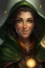 Placeholder: Generate a dungeons and dragons character portrait of the face of a female half-elf warlock with aurburn hair and gray-green eyes. She is half smiling and glowing with magical energy. She looks mischievous. She is wearing a dark green cloak.