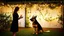 Placeholder: In the minimalist garden lit by hanging garlands, a woman in a dark dress held a cup of tea, the German Shepherd standing by her side, keeping watch.