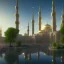 Placeholder: 4d 8k, cinematic view, rendered by engine 5, mosque, skyscrapers, landscape, river, sun, birds, trees,