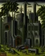 Placeholder: A dark gray metal factory with mechs painted by Henri Rousseau