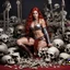 Placeholder: [high res photo by Moritat] Red Sonja poised on hands and knees surrounded by bones and skulls