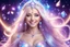 Placeholder: beautiful bright fairy cosmic women with cosmic long straight hair, crystal jewel and dressed with a magic crystal suit. she has light make up and a sweety smile