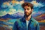 Placeholder: John Lowrie Morrison oil impasto painting tufting tapestry high quality double-exposure photo handsome young beard ACTOR, wears Joe Casely-Hayford hipster fashion, artistically blended with a Icelandic Dawn Aurora Borealis mountain beach landscape, austrian symbolism, double exposure, (illusion:1.2), mixture, (blue background:1.2), foreground clouds, (digital art:1.3), make up, impasto art style