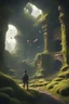 Placeholder: A adventurer finding a lost ancient city,bird flying in the distance,moss growing around, cinematic lighting,ray tracing,in the style of Chris Becker