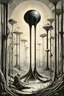 Placeholder: People are planting trees, first contact concept art, by Colin McCahon and Jim Burns and Brian Despain, by H.R. Giger, silkscreened mind-bending illustration; sci-fi poster art, asymmetric, vertical scroll of strange geometric symbols, complex biomorphism, technical biomechanics, futurism