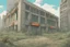Placeholder: post office, overgrown apocalyptic city background, comic book,