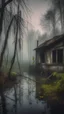 Placeholder: A swamp surrounded by bamboos long trees in cloudy, depressing, foggy, with a dim of light in the distance , there.is an abandoned cottage of an old house covered with leaves.
