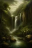 Placeholder: landscape painting of a waterfall in the style of Leonardo da Vinci