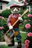 Placeholder: Portrait photo of an anthropomorphic farmer Cat holding a shovel in a rose garden Fujicolor Fujichrome Velvia 100 film photo, Ultra wide lens, bosozoku outfit, house background