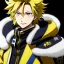 Placeholder: Detailed anime portrait of denki Kaminari my hero academia, yellow hair, black suit, intricate details, full body portrait, keep head in frame, slight smile, black Japanese motif, concept art, highly detailed, digital painting, concept art, sharp focus, illustration, art by Yoji Shinkawa, WLOP and greg rutkowski and alphonse mucha and artgerm and yanjun Chen and Junji ito and Makoto Shinkai, HDR, octane render