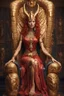 Placeholder: A mature Egyptian goddess with red hair and amber eyes, wearing a red silk gown and a necklace of scarabs. She is sitting on a throne made of gold, carved with the head of a wise and ancient dragon