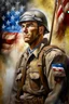 Placeholder: We can envision an expressive painting depicting one of the moments of bravery and dedication by one of the strongest companions during the time of the us soldier during ww2 this painting, we might see a companion with features of absolute strength and determination, blended with warmth and deep faith. Perhaps his face expresses wisdom and courage, with eyes radiating confidence and faith. White the American flag in the background