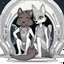 Placeholder: front in picture an of little dark brown catlike creature with big ears, big eyes stands medium close and looking an anthropomorphic wolf couple sitting on the spaceship's ramp close together, the pale gray body hair female wolf sits behind strong dark gray body hair wolf man, raini day, on ramp a little piece of meat lies down, high contrast, high detalied, high realistic, in background detail of an angular spaceship visible. Rain, 3d realistic , profesional fantasy photo